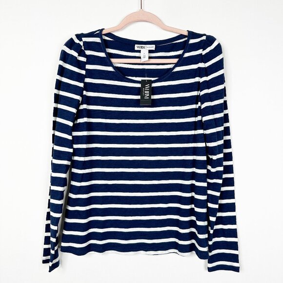 NWT White House Black Market Puff Sleeve Tee Spaced Stripe Twilight Navy #WHBM31 - Picture 2 of 9